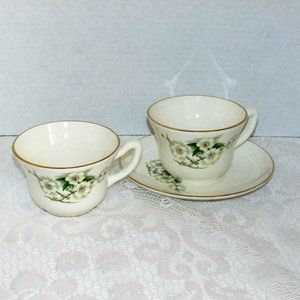 3 pc Georgian China Spring Blossom 2 Coffee Cups 1 Saucer 22 kt Gold Rim Teacups